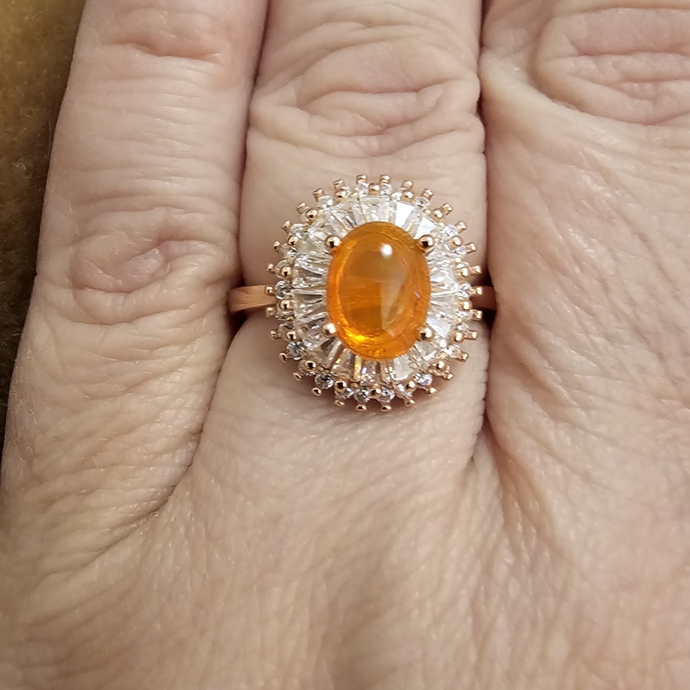 Sz 9, Halo Orange Opal, White Sapphire Ring, 925 Silver, Rose Gold Overlay, NWT